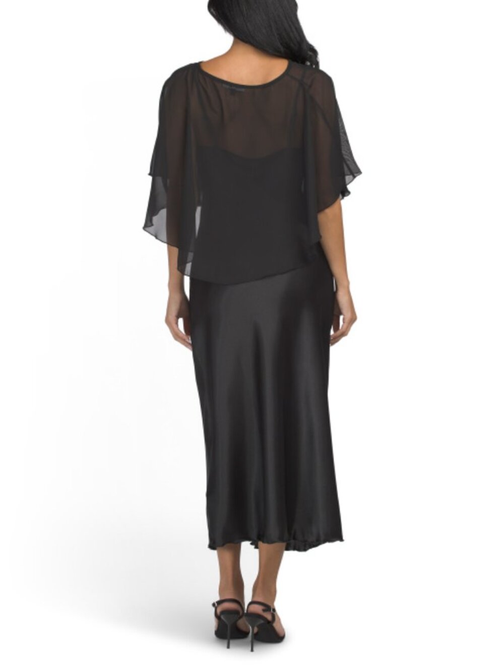 TASH & SOPHIE Made In Usa Satin Dress With Adjustable Straps And Chiffon Capelet - Picture 2 of 5